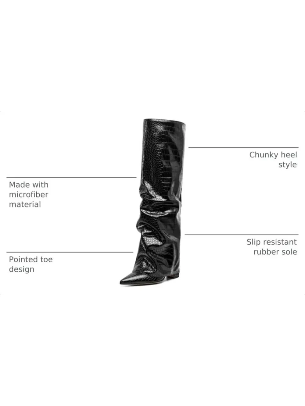Women's Black Pointed Toe Fold Over Chunky Block Heel Slouchy Knee High Boots